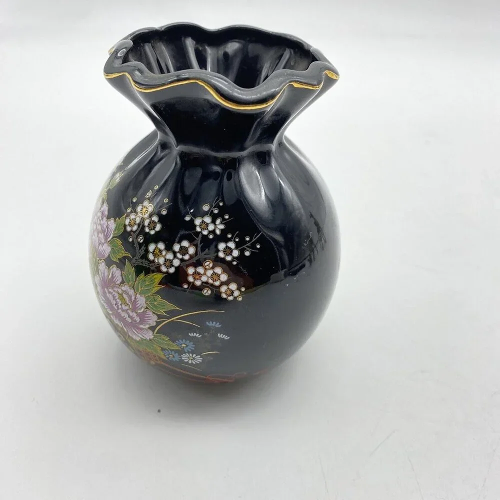 Vintage Japanese Black Floral Ceramic Vase‎ Ruffled Rim Gold Trim Cottagecore